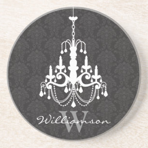 Classy Damask Chandelier Monogram Coaster (black)