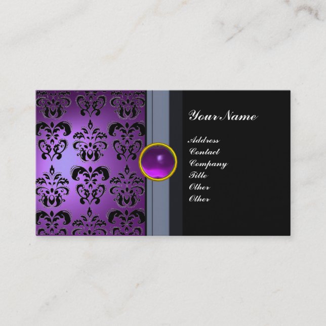 CLASSY DAMASK GEM MONOGRAM black purple Business Card (Front)