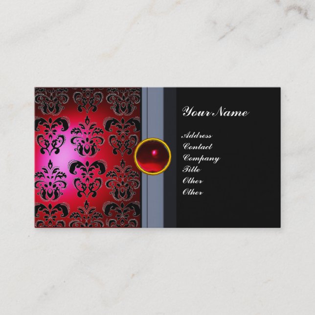CLASSY DAMASK GEM MONOGRAM black red burgundy Business Card (Front)