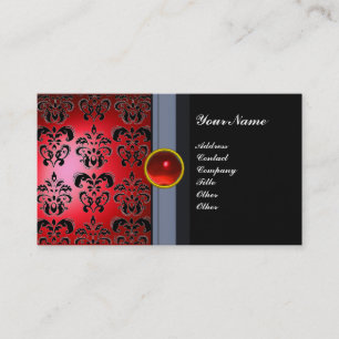 CLASSY DAMASK GEM MONOGRAM black red Business Card