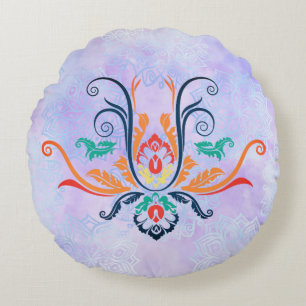 Classy Damask Geometric Flora With Branches  Round Cushion