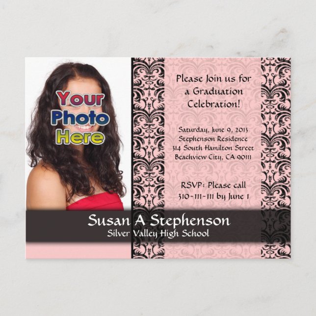 Classy Damask Graduation Announcement, Pink Invitation Postcard (Front)