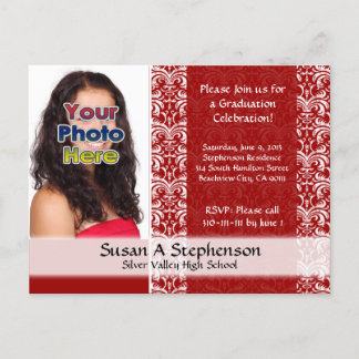 Classy Damask Graduation Announcement, Red Invitation Postcard
