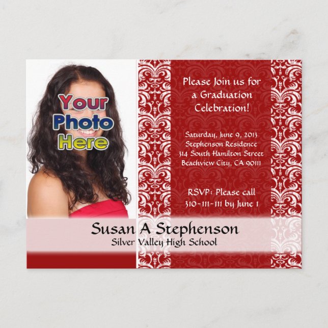 Classy Damask Graduation Announcement, Red Invitation Postcard (Front)
