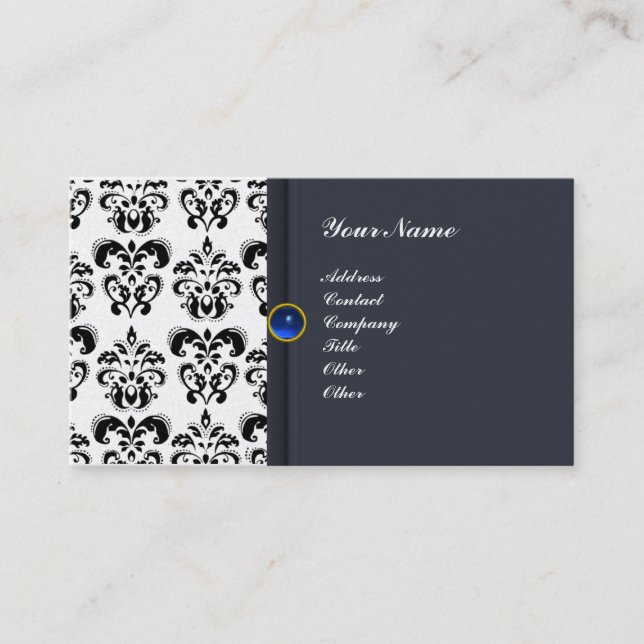 CLASSY DAMASK MONOGRAM blue sapphire platinum Business Card (Front)