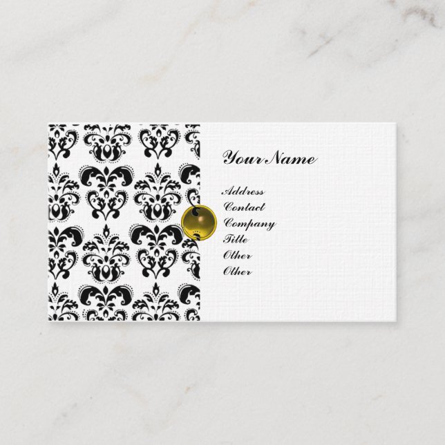 CLASSY DAMASK  MONOGRAM purple black white linen Business Card (Front)