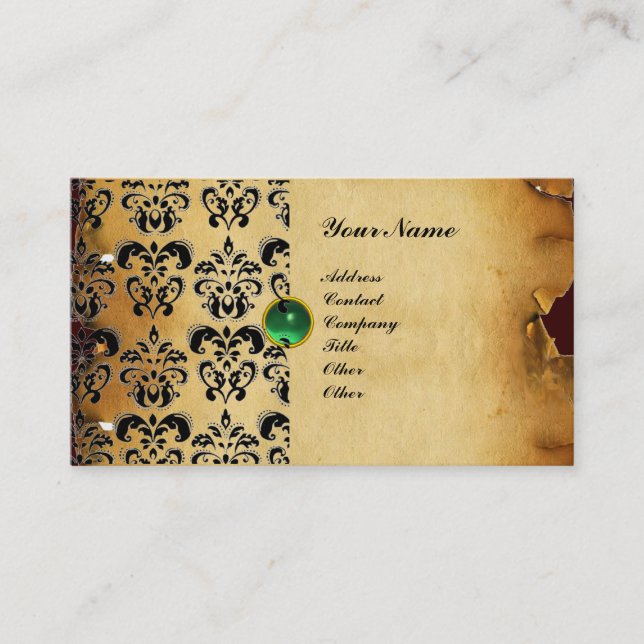 CLASSY DAMASK PARCHMENT MONOGRAM green emerald Business Card (Front)