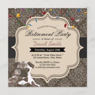Classy Damask Pug & Wine Retirement Party Invitation