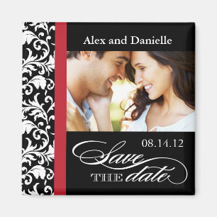 Classy Damask Save the Date with Red Accent Magnet