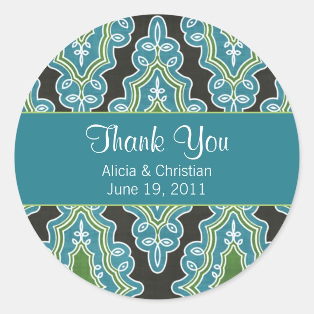 Classy Damask Turquoise Thank You Labels (Front)