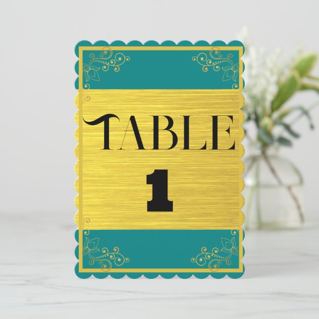 Classy Dark Blue Green & Gold Wedding Table Number (Standing Front)