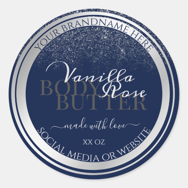 Classy Dark Blue & Silver Product Packaging Labels (Front)