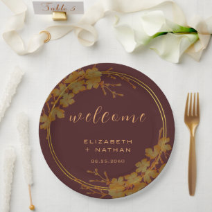 Classy Dark Burgundy & Gold Floral Welcome Paper Plate