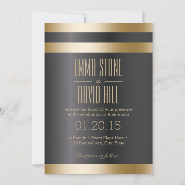 Classy Dark Gold Foil Stripes Wedding Invitations (Front)
