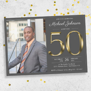Classy Dark Grey Gold Custom Photo 50th Birthday Invitation