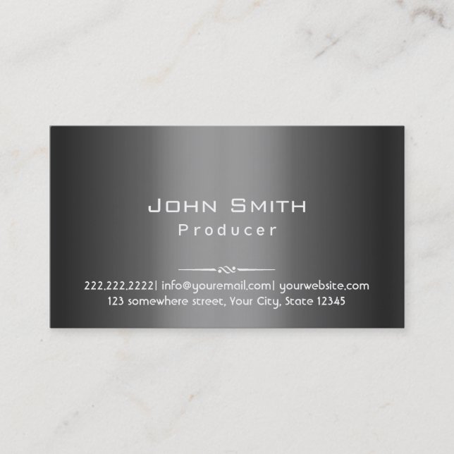 Classy Dark Grey Metal Producer Business Card (Front)