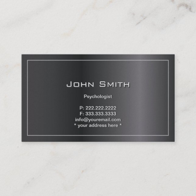 Classy Dark Metal Frame Psychologist Business Card (Front)