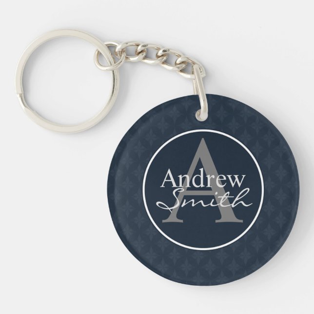 Classy Dark Navy Blue Custom Monogram Key Ring (Front)