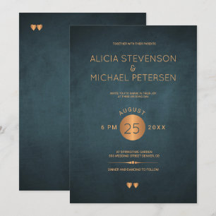 Classy dark navy blue metallic copper wedding invitation