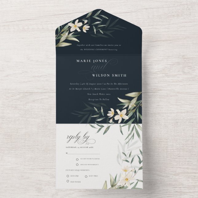 Classy Dark Navy White Greenery Floral Wedding All In One Invitation (Inside)