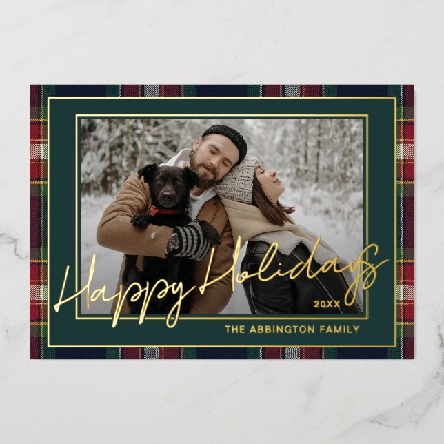 Classy Dark Red Blue Green Plaid Pattern Gold Foil Holiday Card (Front)