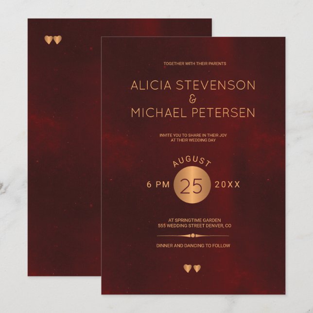 Classy dark red burgundy metallic copper wedding invitation (Front/Back)