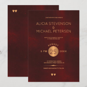 Classy dark red burgundy metallic copper wedding invitation