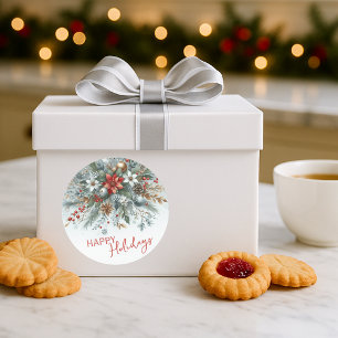 Classy Dark Red Teal Blue Floral Holiday Wreath Classic Round Sticker