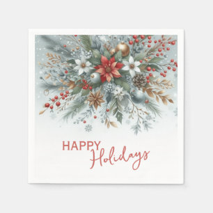 Classy Dark Red Teal Blue Floral Holiday Wreath Napkin