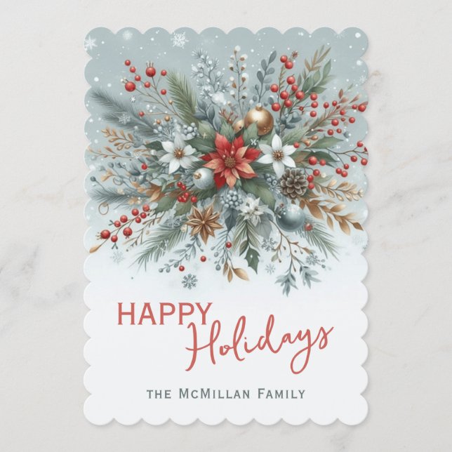 Classy Dark Red Teal Blue Green Floral Wreath Holiday Card (Front)