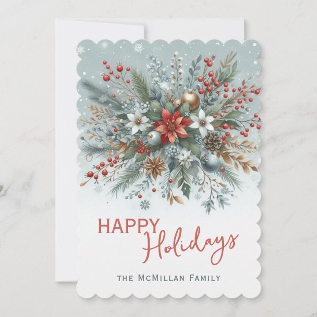 Classy Dark Red Teal Blue Green Floral Wreath Holiday Card (Front)