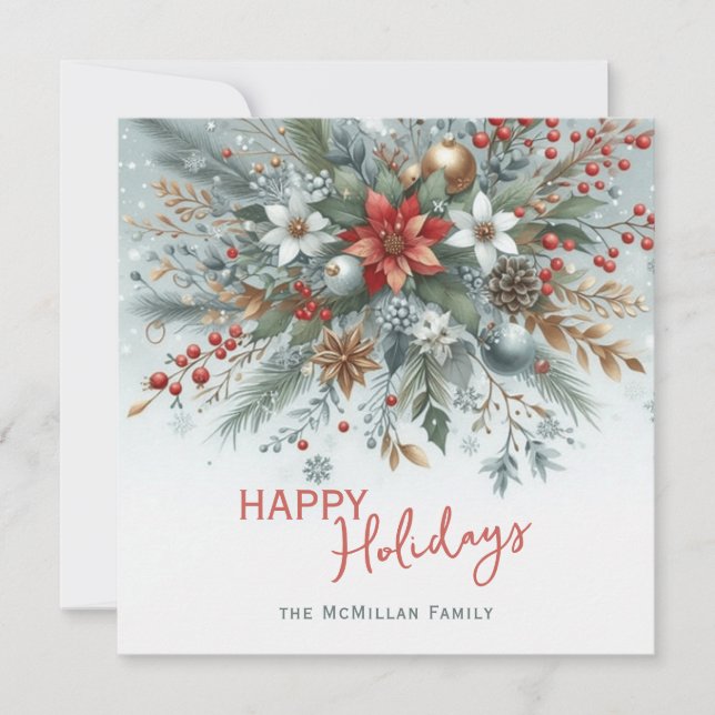 Classy Dark Red Teal Blue Green Floral Wreath Holiday Card (Front)