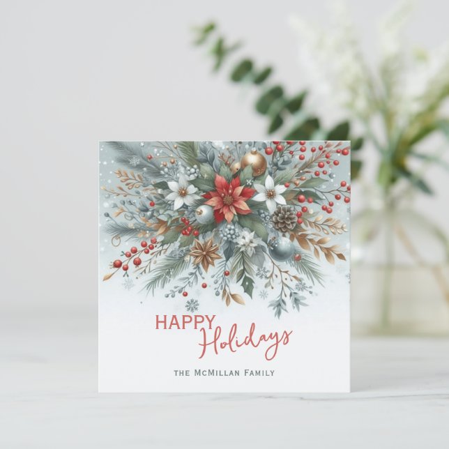 Classy Dark Red Teal Blue Green Floral Wreath Holiday Card (Standing Front)
