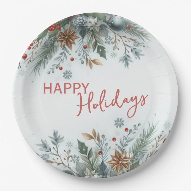 Classy Dark Red Teal Blue Green Floral Wreath Paper Plate (Front)