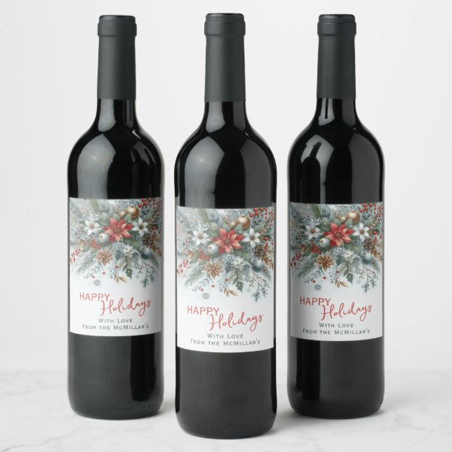 Classy Dark Red Teal Blue Green Floral Wreath Wine Label (Bottles)