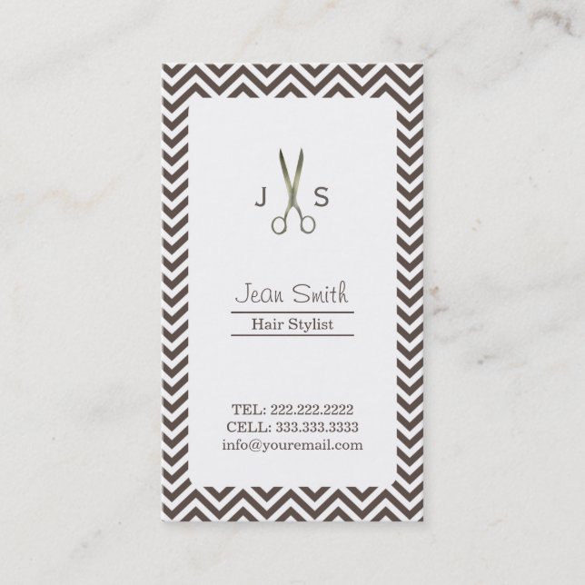 Classy Dark Tan Chevron Stripes Hair Stylist Business Card (Front)