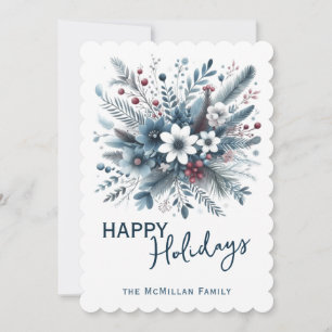 Classy Dark Teal Blue Red Floral Holiday Wreath Card
