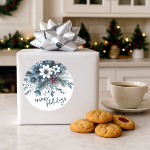 Classy Dark Teal Blue Red Floral Holiday Wreath Classic Round Sticker