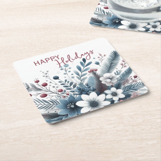 Classy Dark Teal Blue Red Floral Holiday Wreath Square Paper Coaster (Angled)