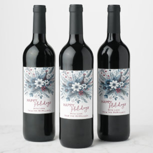 Classy Dark Teal Blue Red Floral Holiday Wreath Wine Label