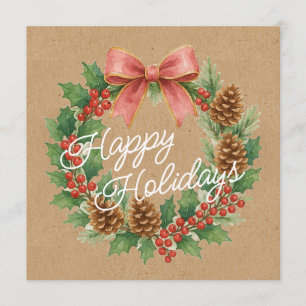 Classy December Wreath With Pink Bow Holiday Card