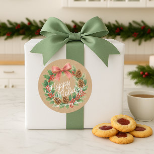 Classy December Wreath With Pink Bow Watercolor Classic Round Sticker