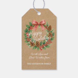 Classy December Wreath With Pink Bow Watercolor Gift Tags