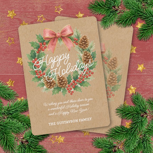 Classy December Wreath With Pink Bow Watercolor Holiday Card (Creator Uploaded)