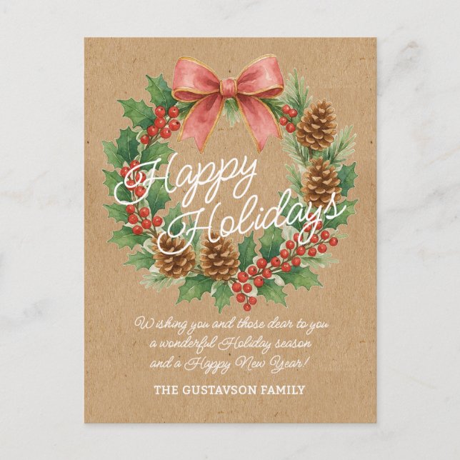 Classy December Wreath With Pink Bow Watercolor Holiday Postcard (Front)