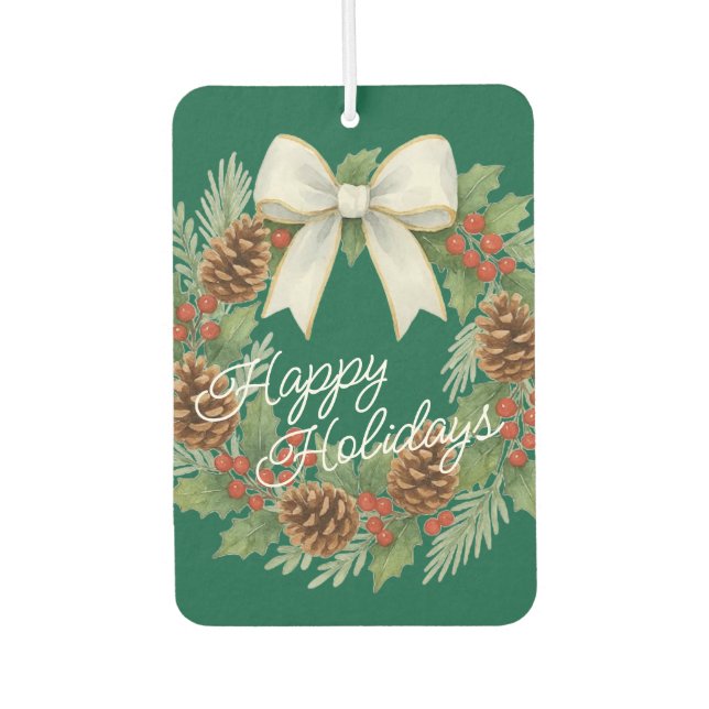Classy December Wreath With White Bow Holiday Car Air Freshener (Front)