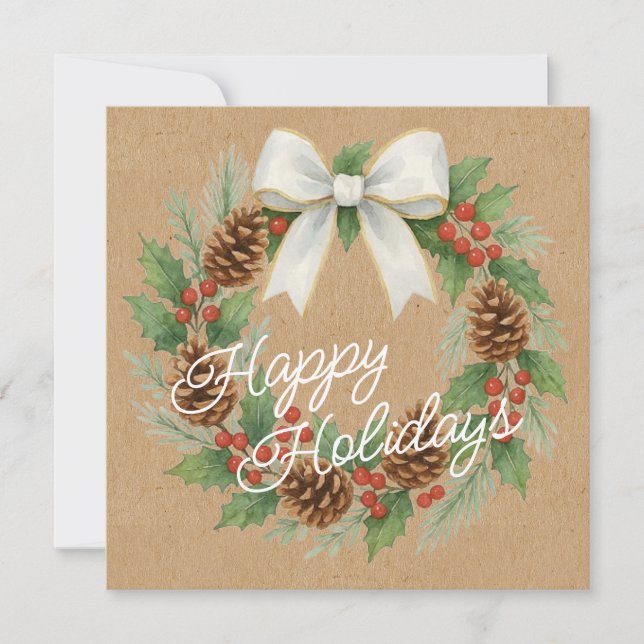 Classy December Wreath With White Bow Holiday Card (Front)