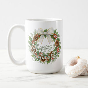 Classy December Wreath With White Bow Holiday Coffee Mug