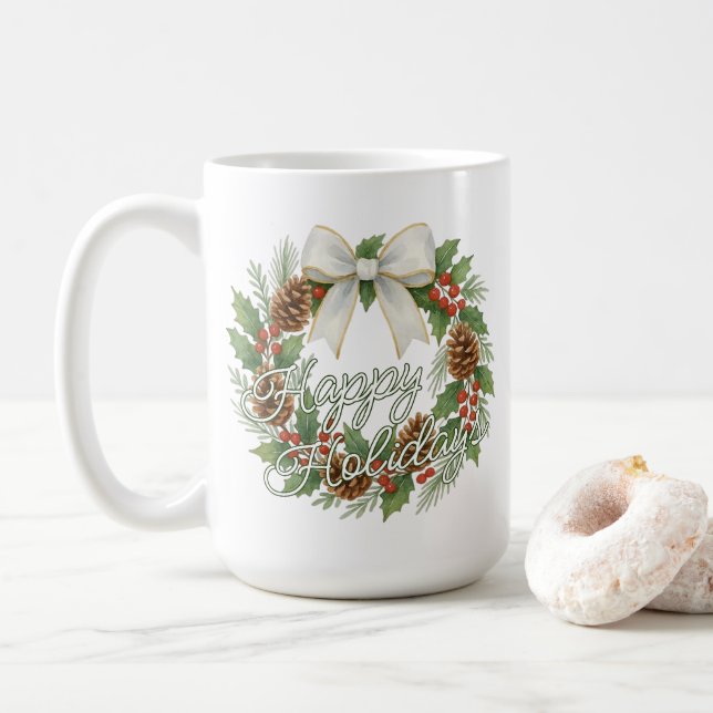 Classy December Wreath With White Bow Holiday Coffee Mug (With Donut)