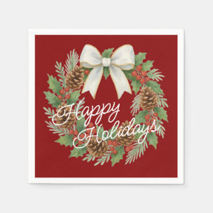 Classy December Wreath With White Bow Holiday Napkin